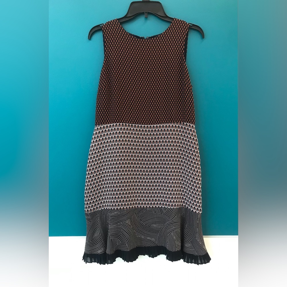 Ann Taylor 8 Petite Sleeveless Dress Brown Ivory Multi Pattern Ruffle Medium